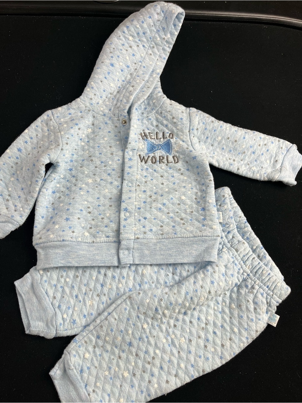 Baby Quilted Hooded Matching Set - Light Blue "Hello World"